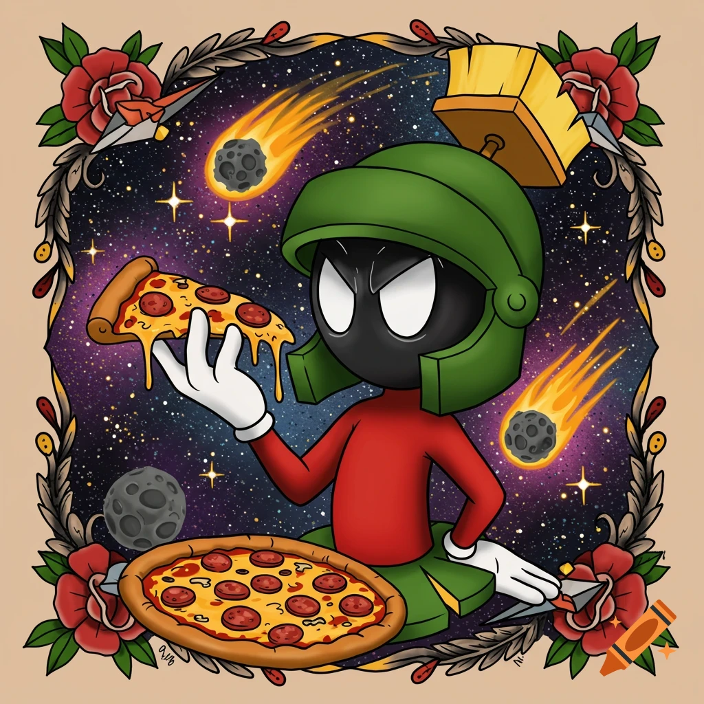 Marvin the Martian holding a slice of pepperoni pizza in space, framed by traditional tattoo style roses and leaves.