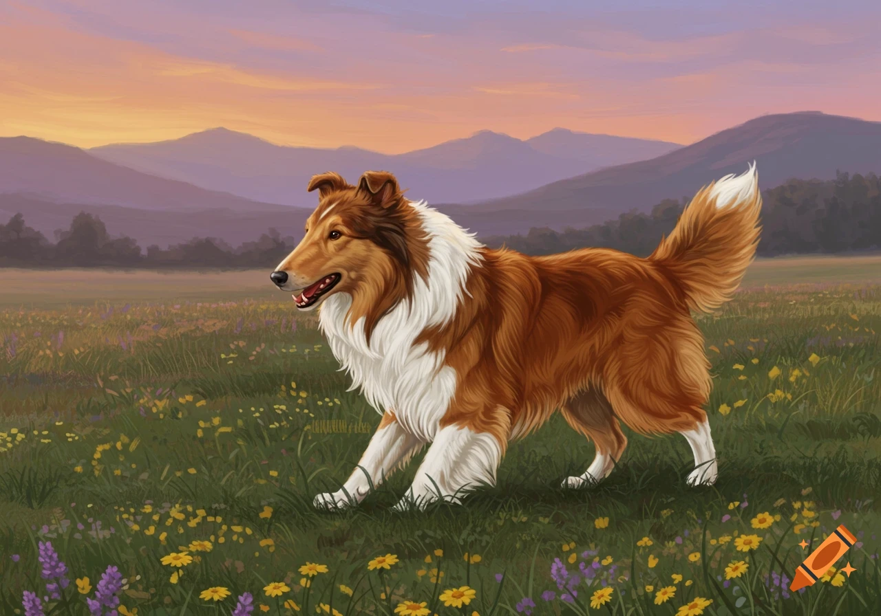 A brown and white Collie dog stands in a wildflower field at sunset, with purple mountains in the background, illustrated style.