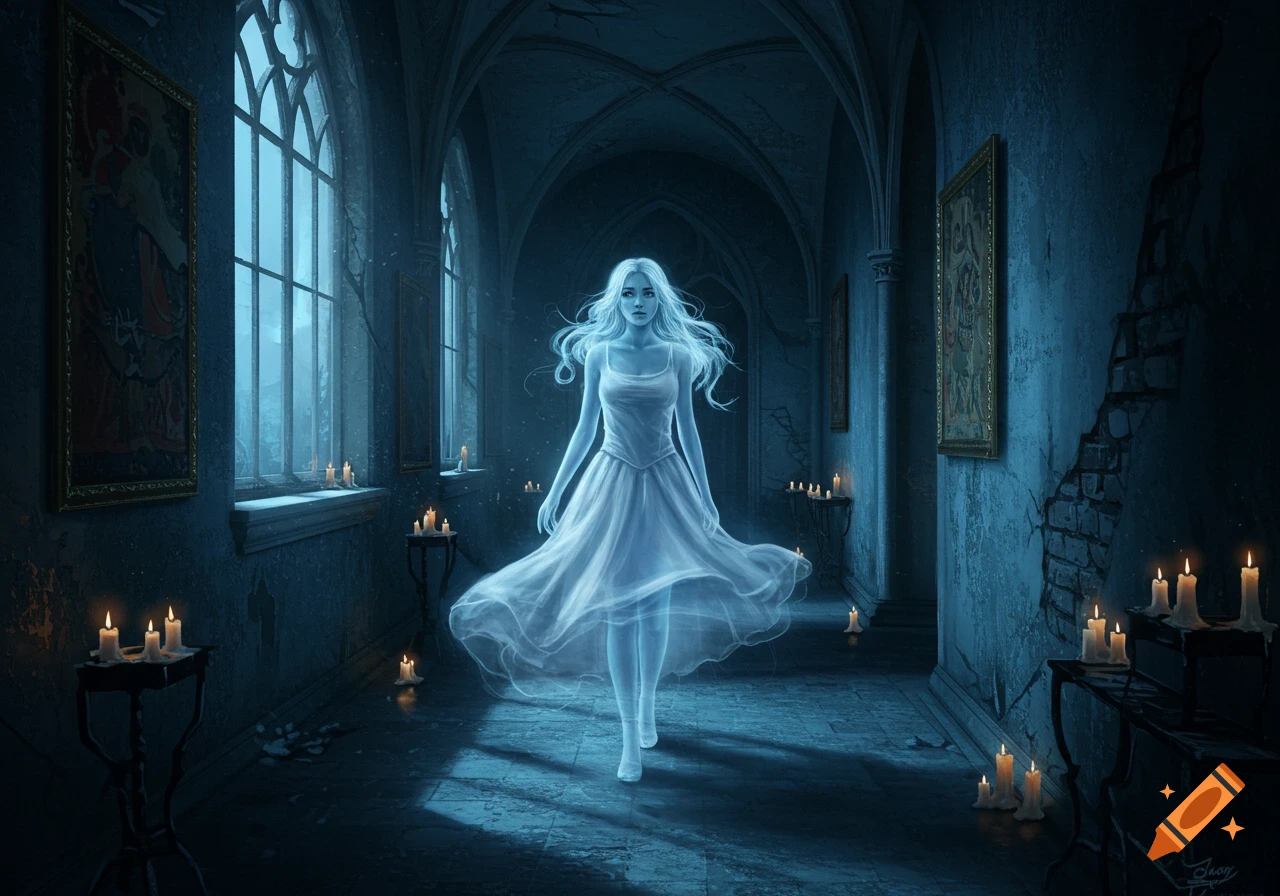 A ghostly woman with long hair and a flowing white dress floats down a dark, candlelit gothic hallway with arched windows.