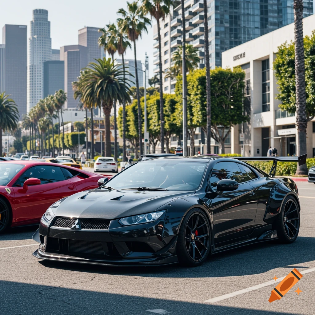 A black hypercar with a wide body kit and a red sports car parked on a city street lined with palm trees and skyscrapers.