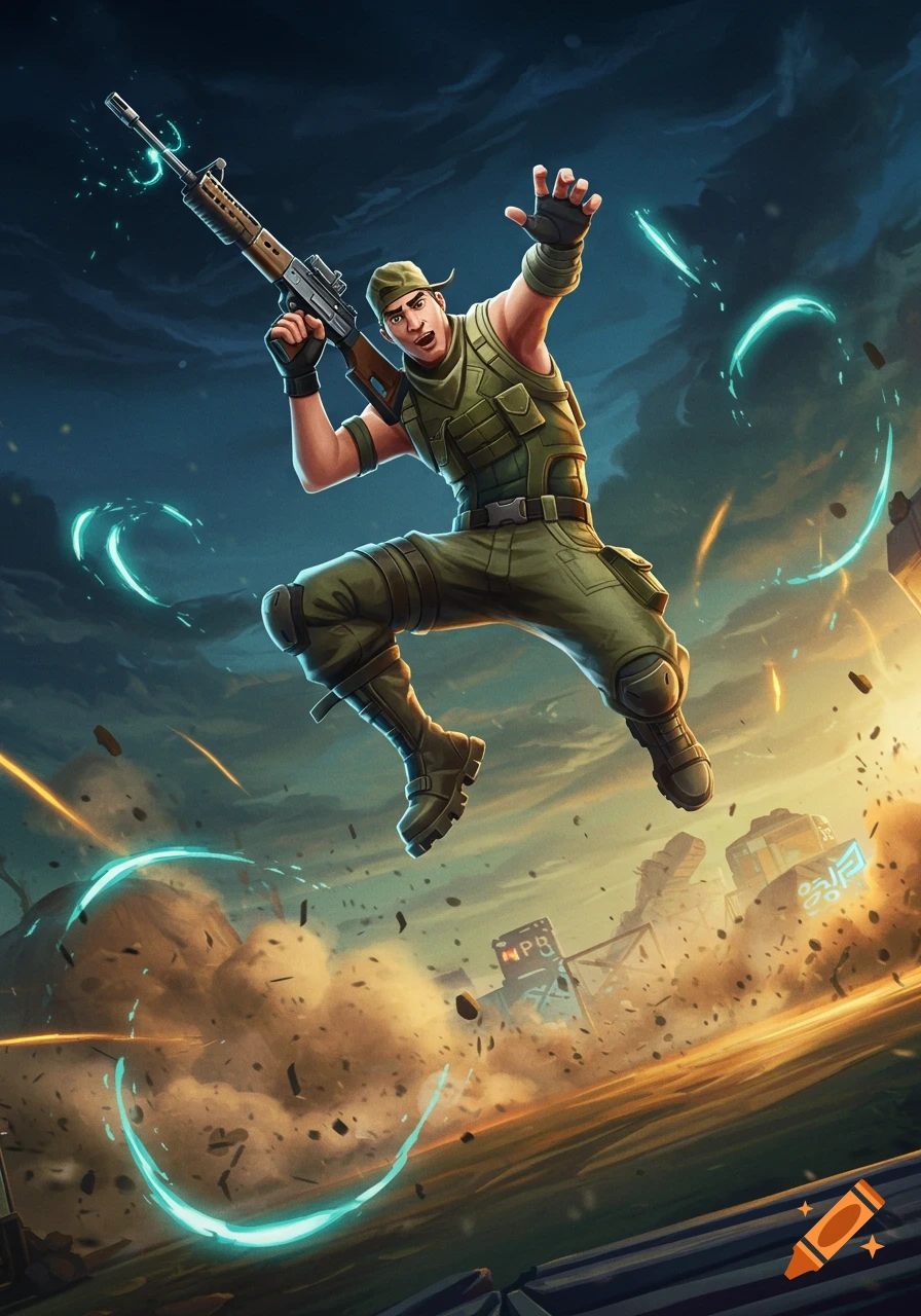 A stylized male soldier, Jonesy from Fortnite, jumps dynamically with a rifle in a chaotic battle scene with explosions and debris.