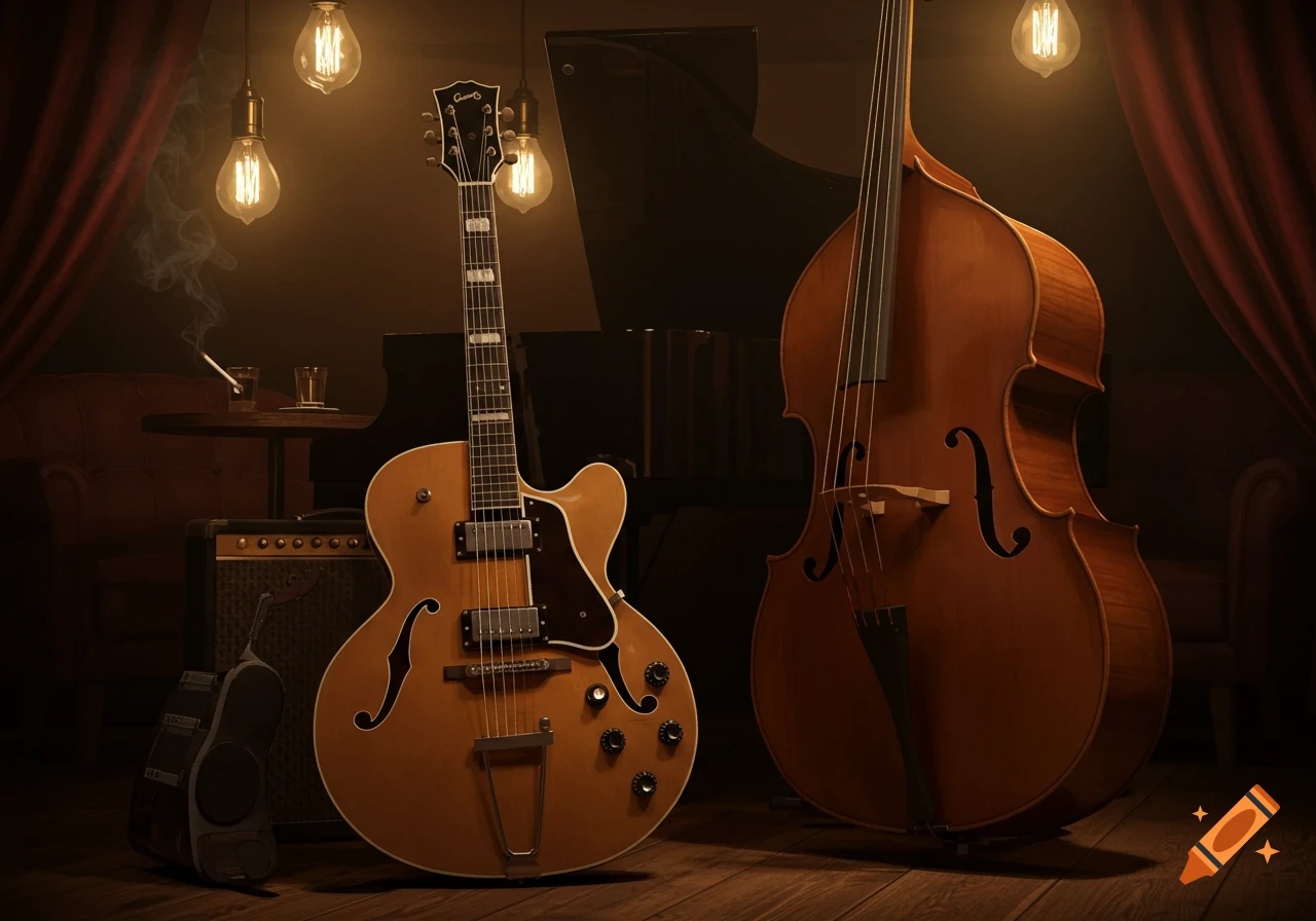 A jazz guitar and a double bass stand in a dimly lit, smoky room with a piano in the background and exposed light bulbs overhead. Photorealistic style.