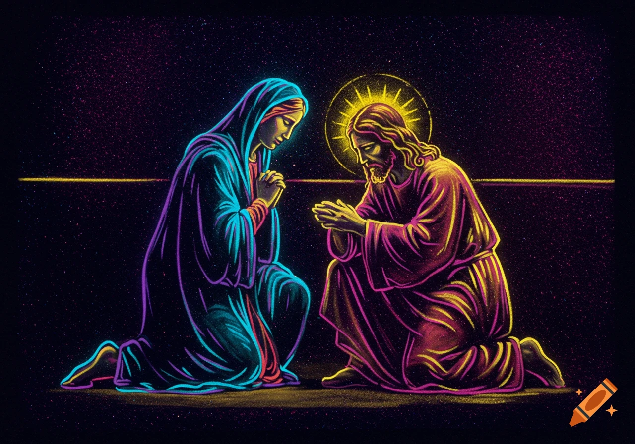 Stylized depiction of Mary and Jesus kneeling in prayer with neon outlines against a dark, speckled background.