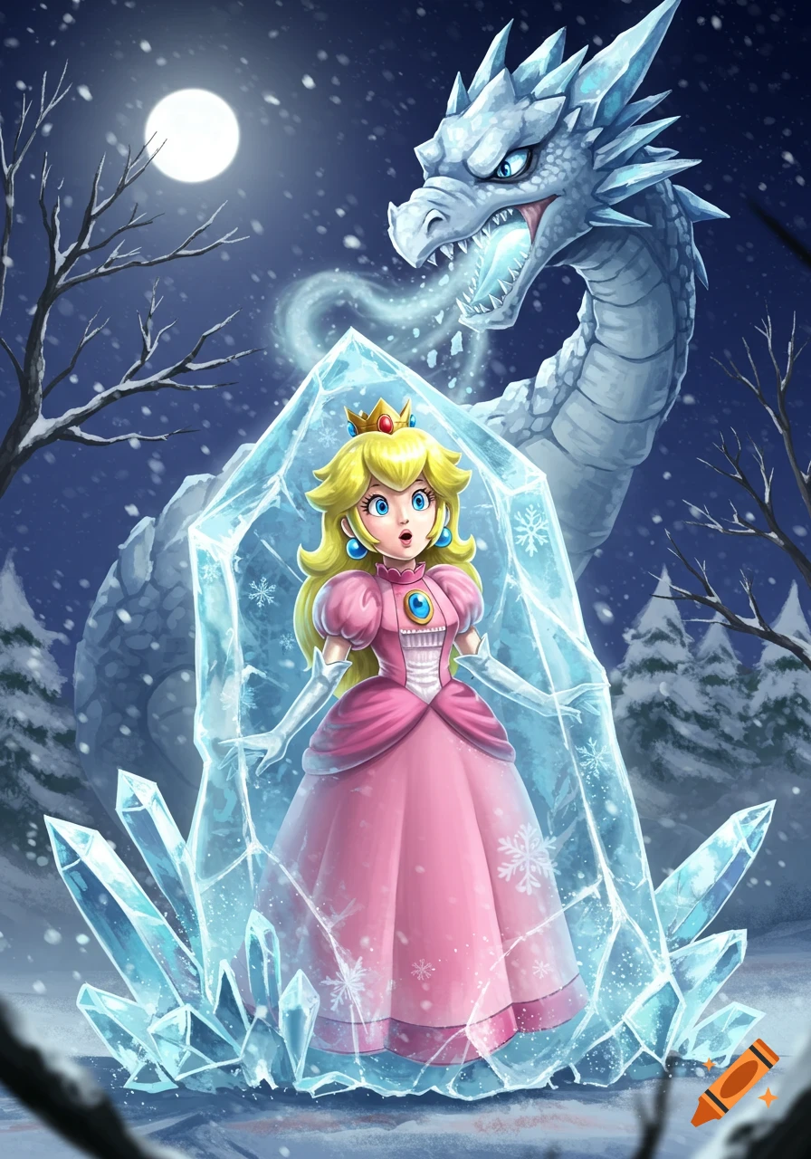 Princess Peach is frozen in a large block of ice by an ice-breathing white dragon in a snowy, moonlit fantasy landscape.