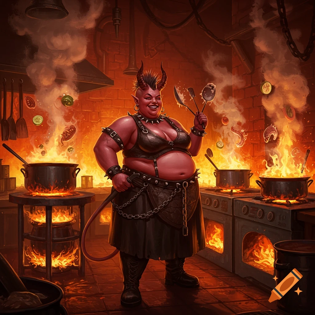 A stout, smiling demon woman with horns and a mohawk, dressed in punk goth clothes, cooking furiously in a fiery hellish kitchen.