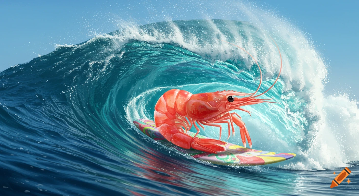 A large red shrimp on a colorful surfboard rides a massive blue ocean wave, stylized illustration.