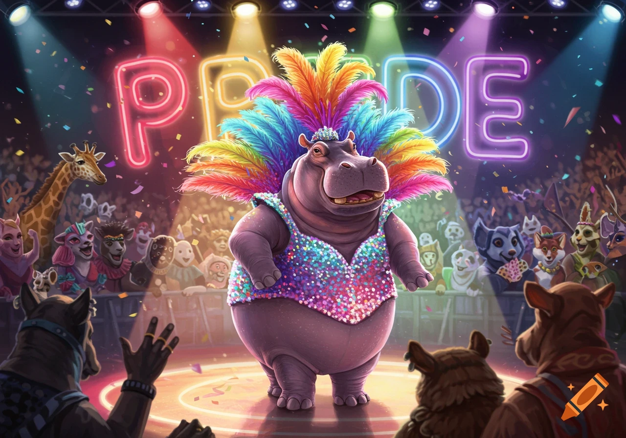 A cartoon hippo in a sequined, rainbow-feathered costume stands on a stage with neon "PRIDE" text in the background, surrounded by an audience of diverse cartoon animals and falling confetti.