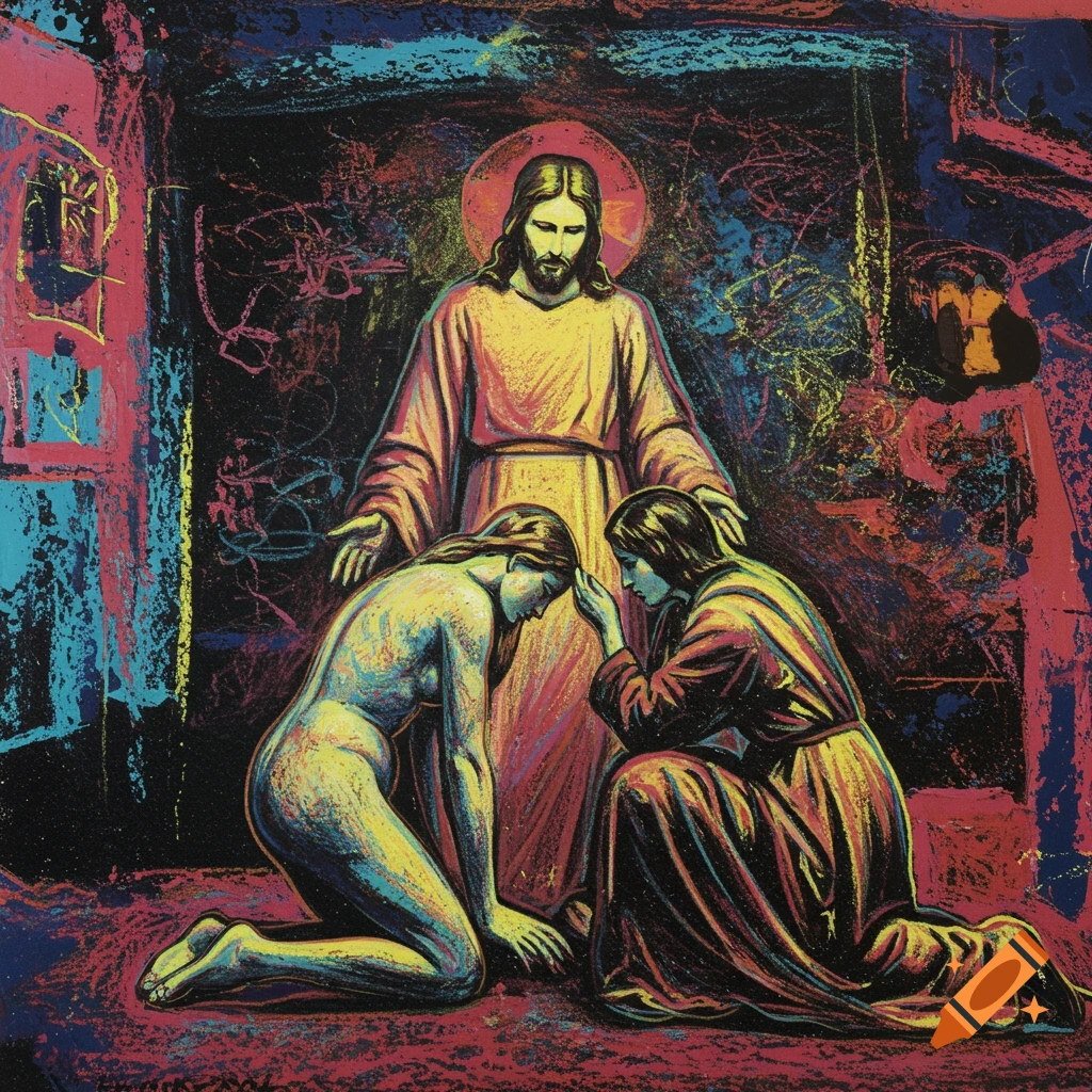 Oil pastel painting of Jesus standing with two women kneeling before him, one nude, in an abstract style with neon colors.