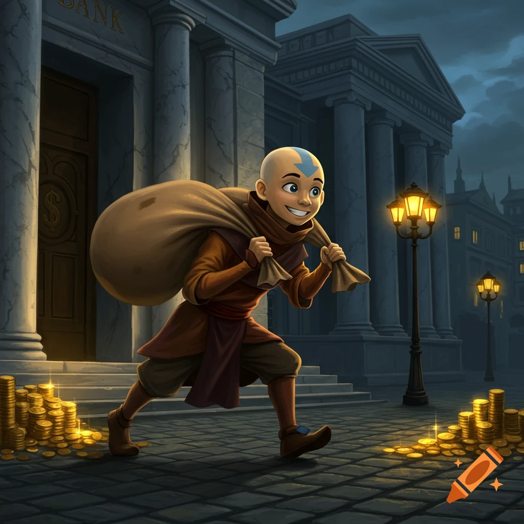 Aang, from Avatar, smiles while carrying a large sack of money away from a classical bank building at night, with gold coins spilling on the ground.
