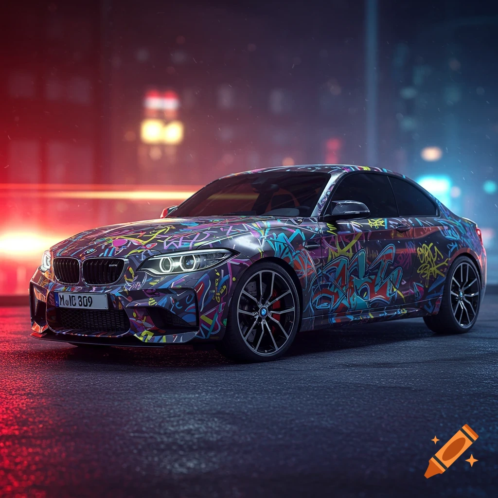 A stylized BMW M2 sports car with colorful graffiti art on its body, parked on a wet city street at night with glowing red and blue lights in the background.