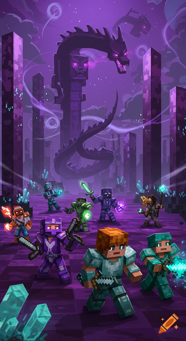 Minecraft players battle a large Ender Dragon in a purple End biome with tall obsidian pillars.