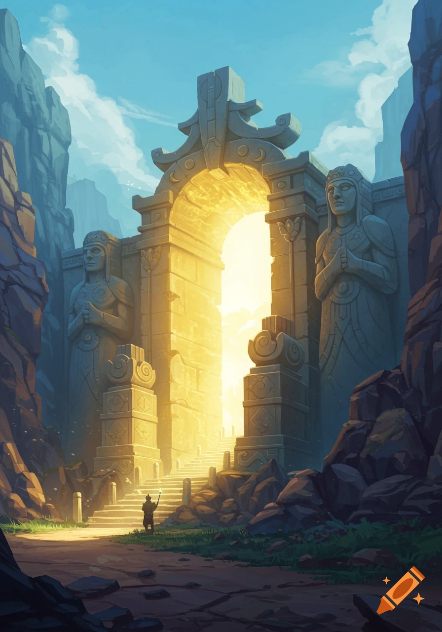 A traveler stands before a grand, ancient stone gate flanked by statues, emitting bright light from within a mountain pass. Digital painting.