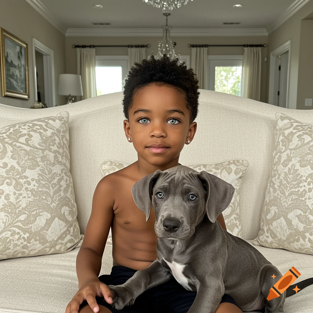 A young boy with blue-green eyes and an afro sits on a cream couch, petting a gray Great Dane puppy in a photorealistic style.