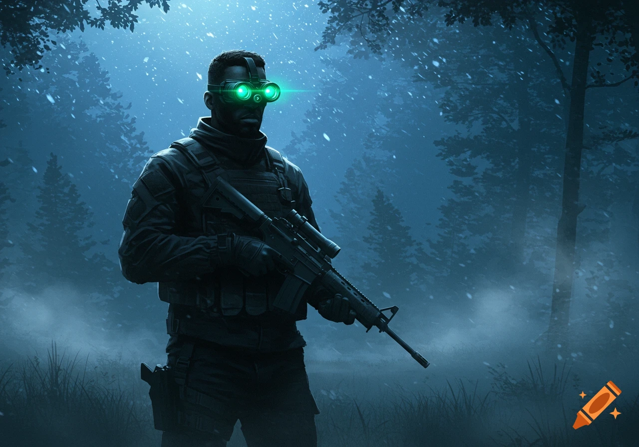 A soldier with glowing night vision goggles and a rifle stands in a snowy forest at night.