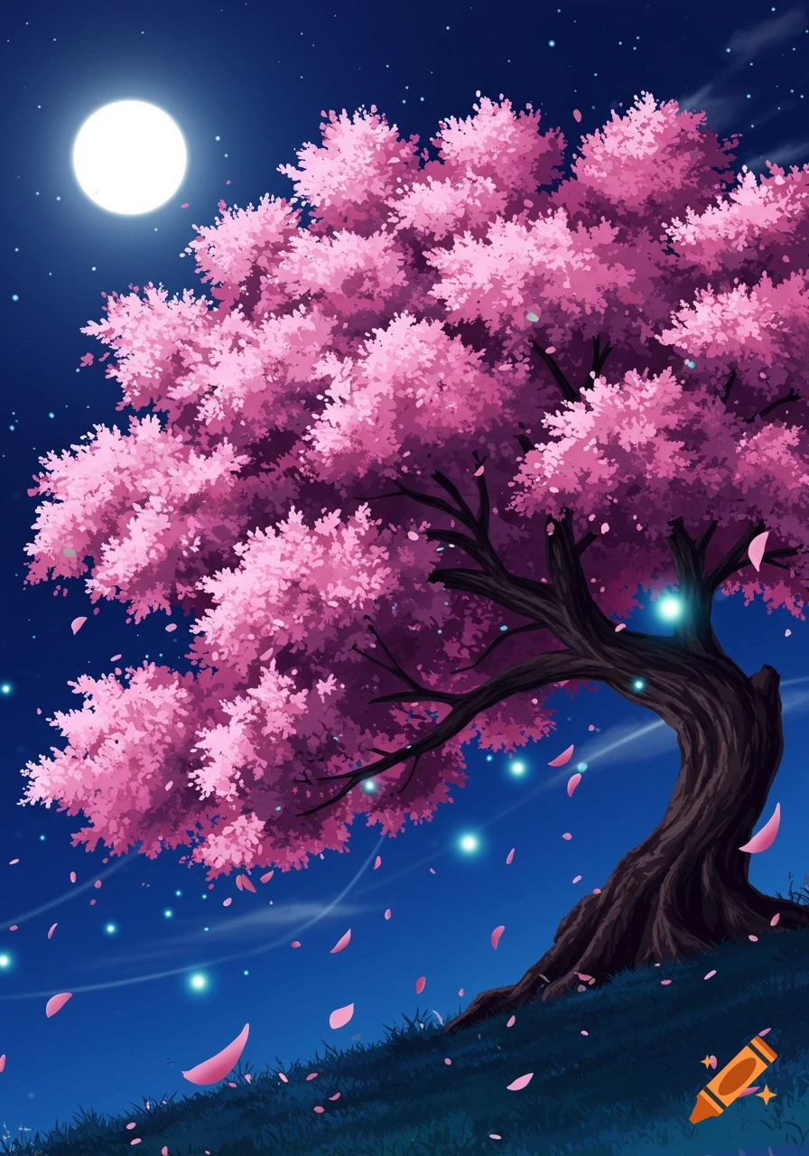 Anime style cherry blossom tree with pink flowers under a full moon at night, petals falling on a dark grassy hill.