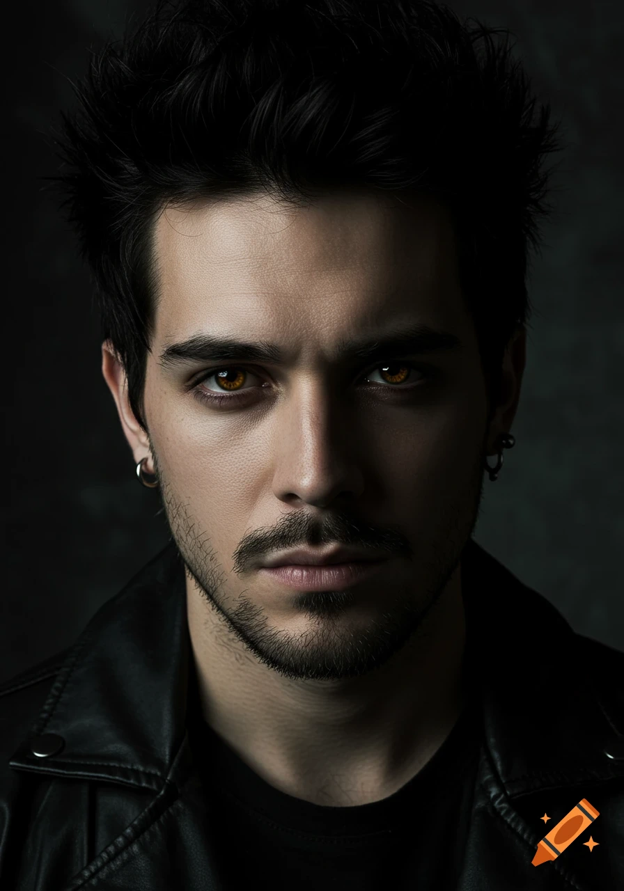 A close-up portrait of a young man with dark messy hair, a beard, and striking amber eyes, wearing a black leather jacket. Moody lighting.