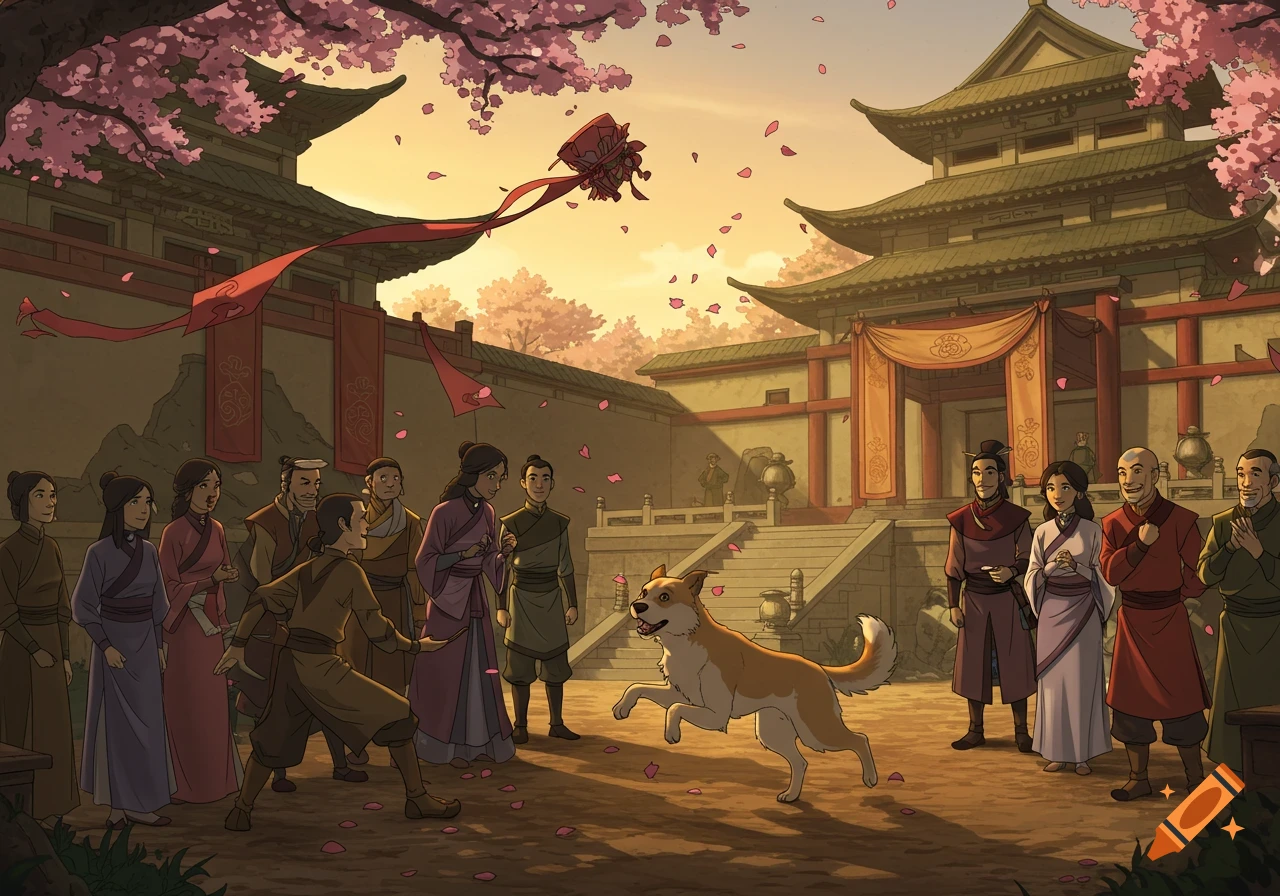 A dog jumps playfully in the center of a courtyard, surrounded by people in traditional clothing and cherry blossom trees.
