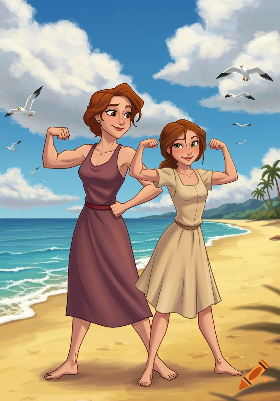 Two animated women, one older and one younger, flex their muscles on a tropical beach with seagulls flying under a blue sky, in a Disney style.