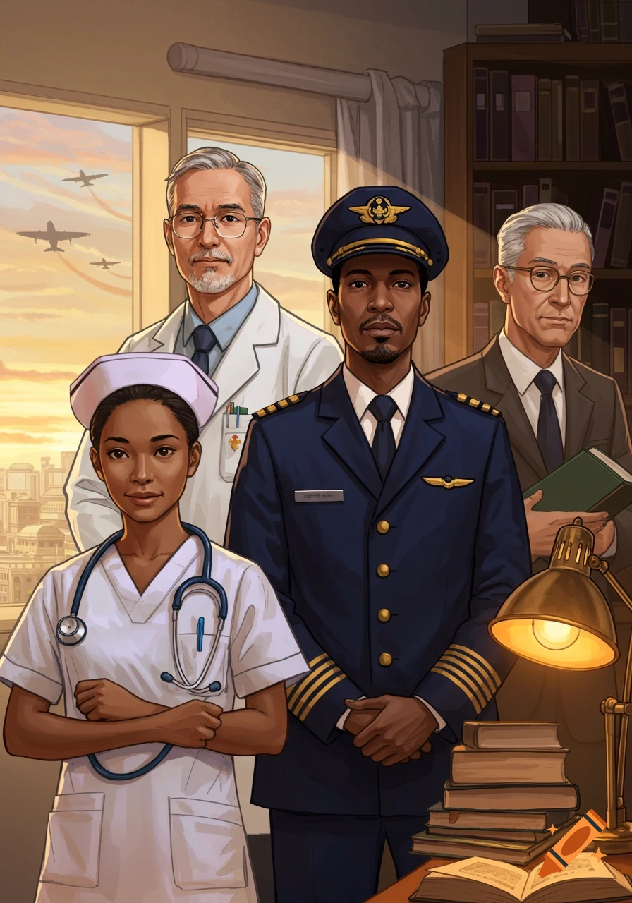 An illustration featuring a nurse, a doctor, a pilot, and a professor in professional attire, set against a cityscape and library background.
