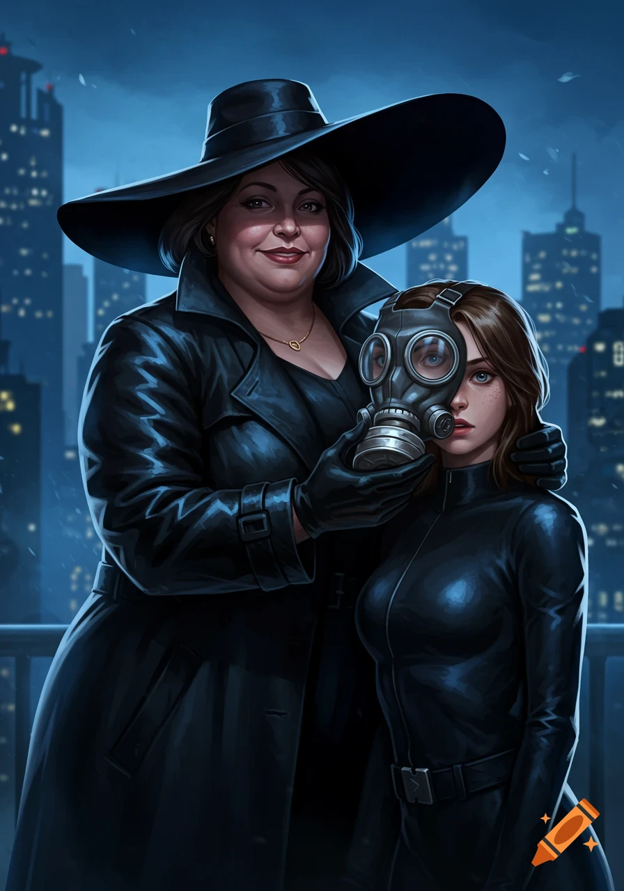 Smiling woman in trench coat places a gas mask on younger woman in catsuit, city skyline background, digital art.