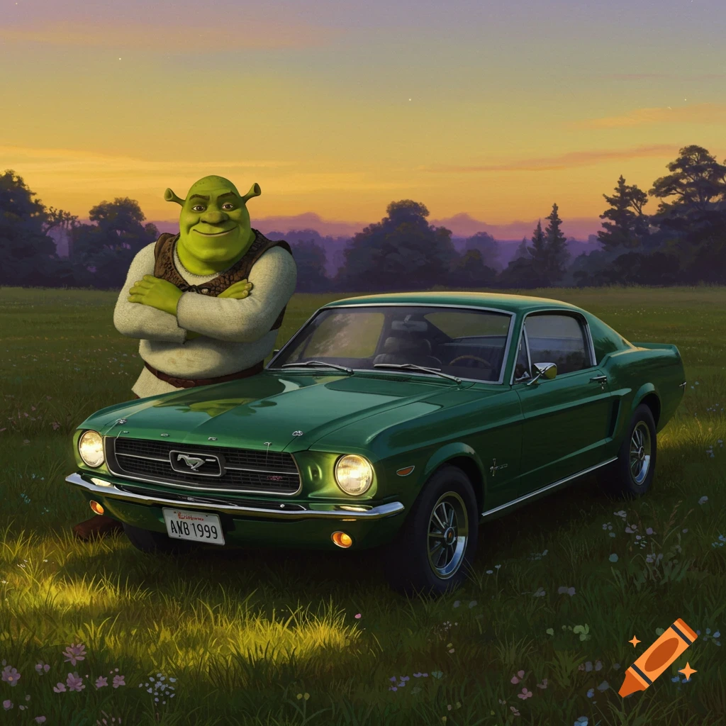 Shrek, the green ogre, stands with his arms crossed, leaning on a dark green classic Ford Mustang in a grassy field at sunset.