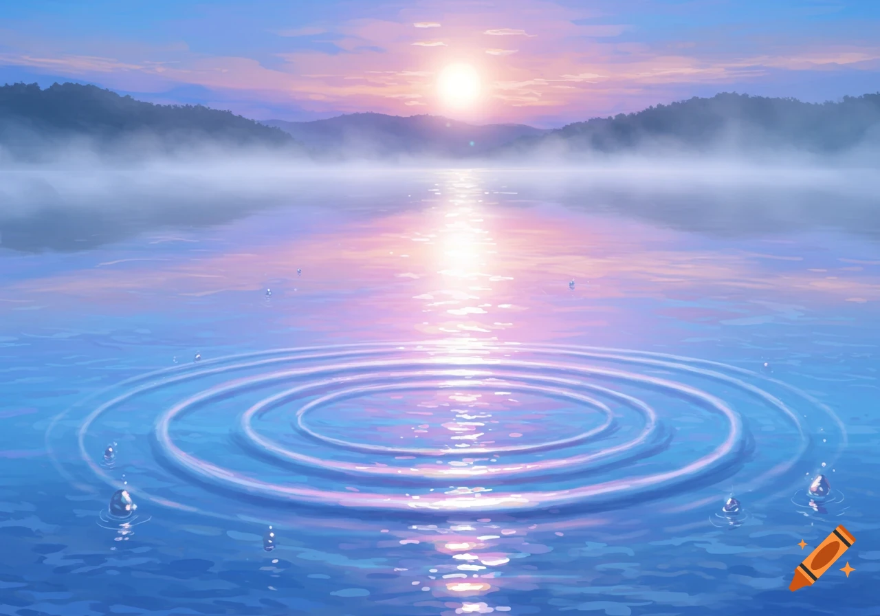 A beautiful sunrise over a misty lake with mountains and water ripples in an illustrative anime style.
