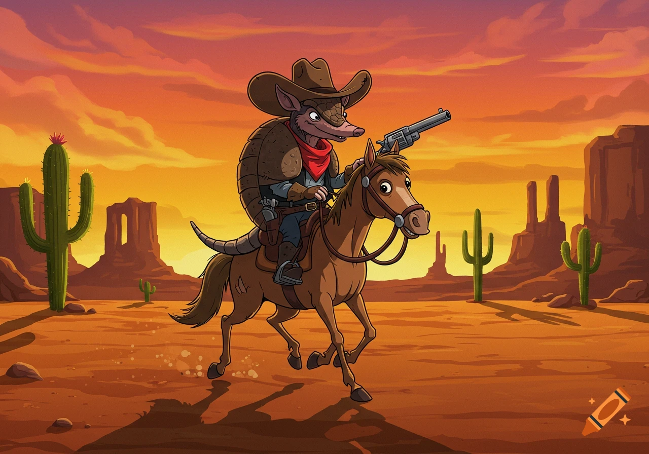 Cartoon armadillo cowboy rides a horse, holding a gun, in a desert sunset.