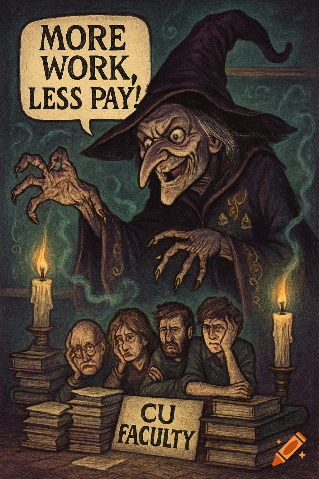 Illustrated dark fantasy: A wicked witch looms over stressed 'CU Faculty' at a table of books, saying 'MORE WORK, LESS PAY!'.