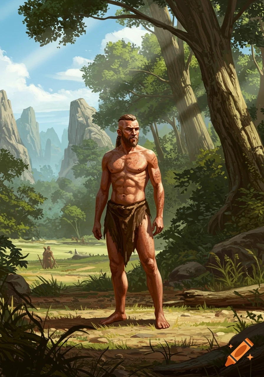 A muscular man in a loincloth with a ponytail stands in a lush forest with mountains in the background.