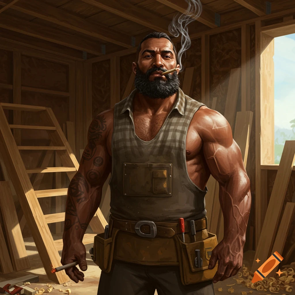 Muscular, bearded carpenter smoking a joint in a wood-framed room, digital illustration.