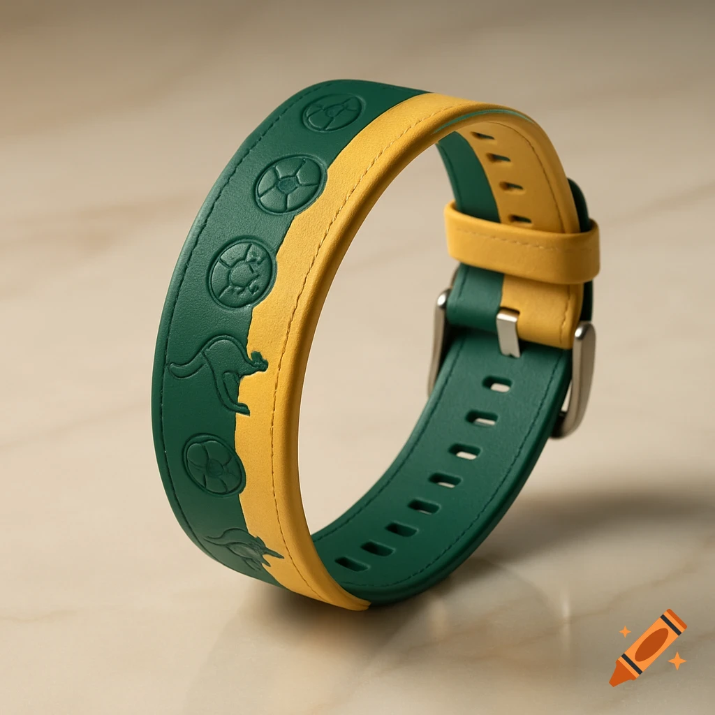 Green and yellow watch band with embossed kangaroos and footballs on a light background.