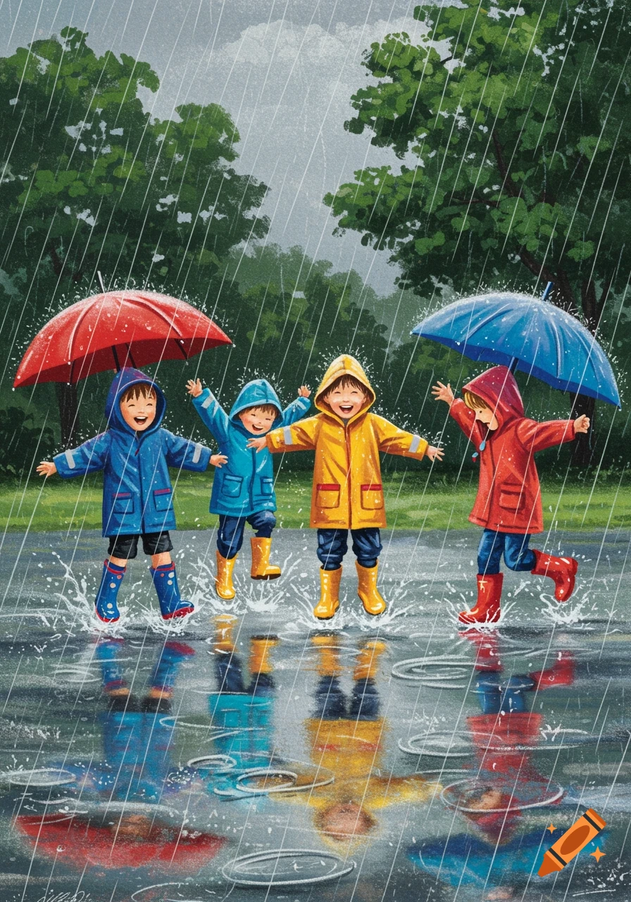 Illustration of four happy children in colorful raincoats and boots splashing in puddles on a rainy day.