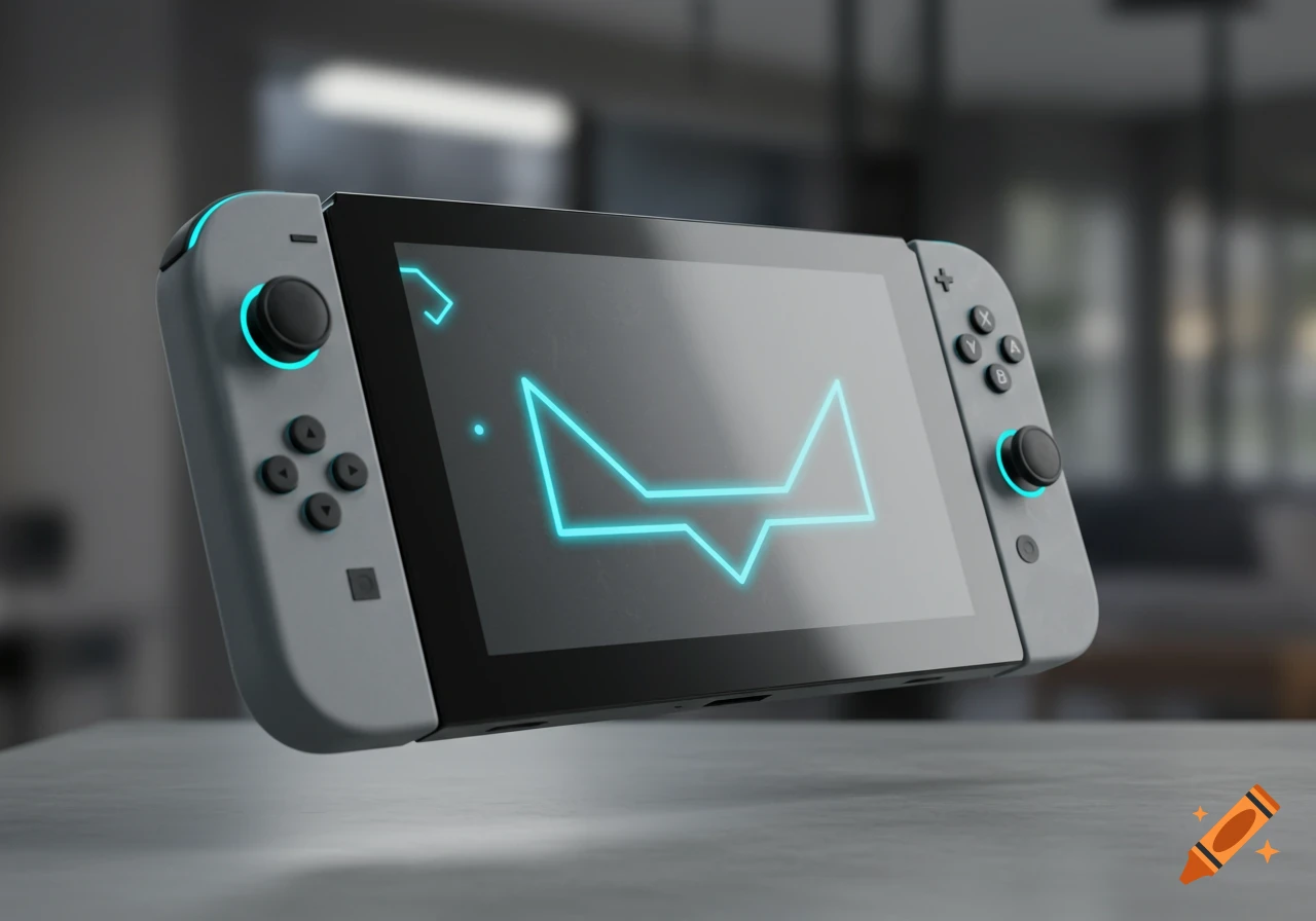 Photorealistic render of a gray Nintendo Switch-like console floating above a table, with a glowing blue abstract graphic on its screen.