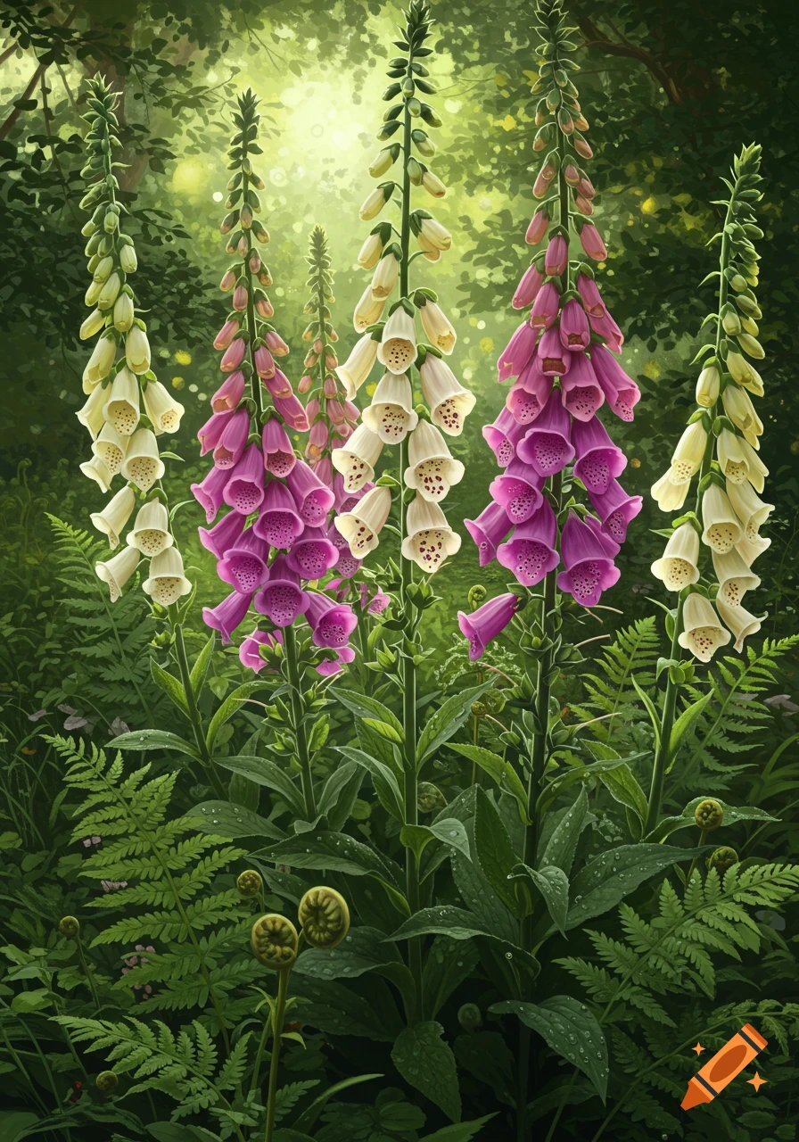 Vibrant white and purple foxglove flowers stand tall in a lush green forest with dappled sunlight.