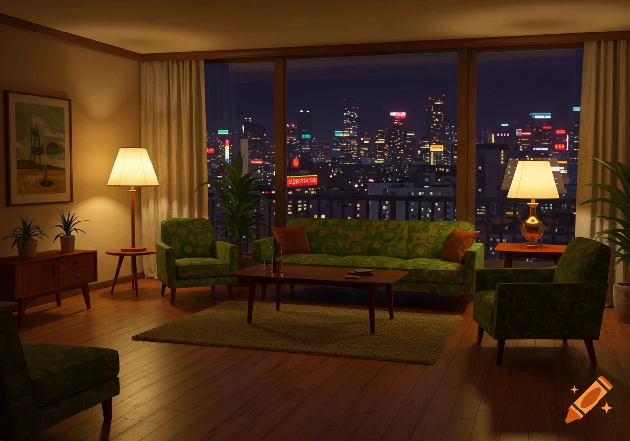 A 1970s-style living room with green patterned sofa and armchairs, lamps, and a large window overlooking a city at night.