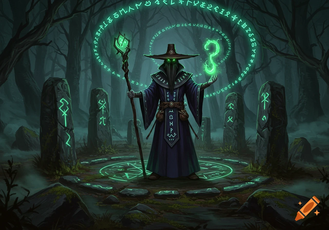 A dark fantasy art illustration of a robed wizard with glowing green eyes and staff, casting magic in a misty forest with ancient runes.