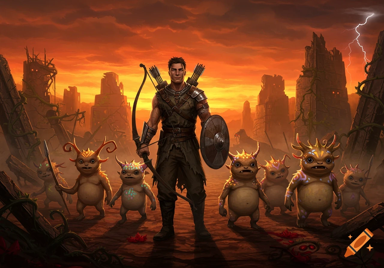 Fantasy art of an archer and small, horned creatures in a ruined, orange-lit landscape with a stormy sky.