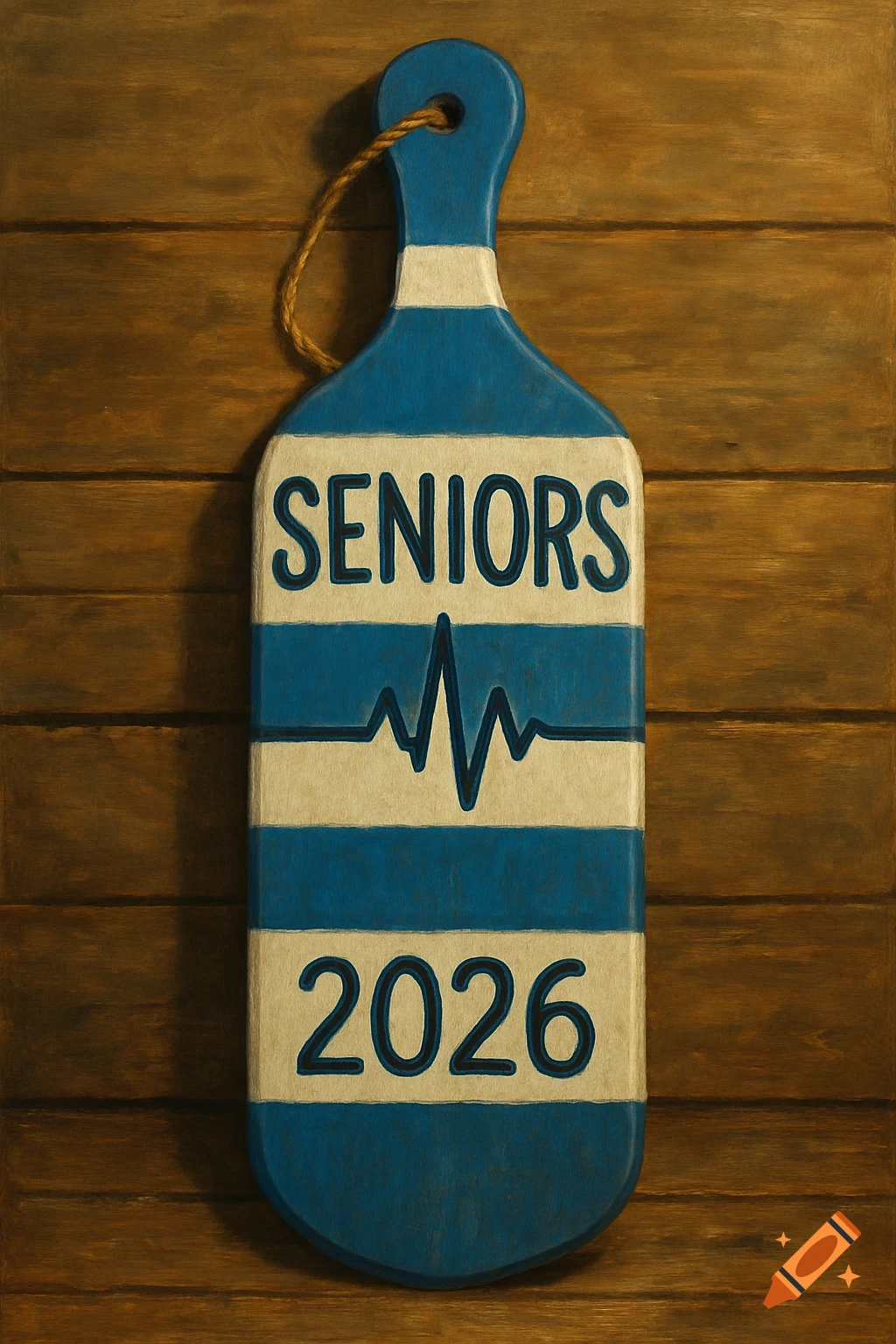 A blue and white striped wooden paddle with 'SENIORS 2026' and an EKG line painted on it, resting on a wooden surface.