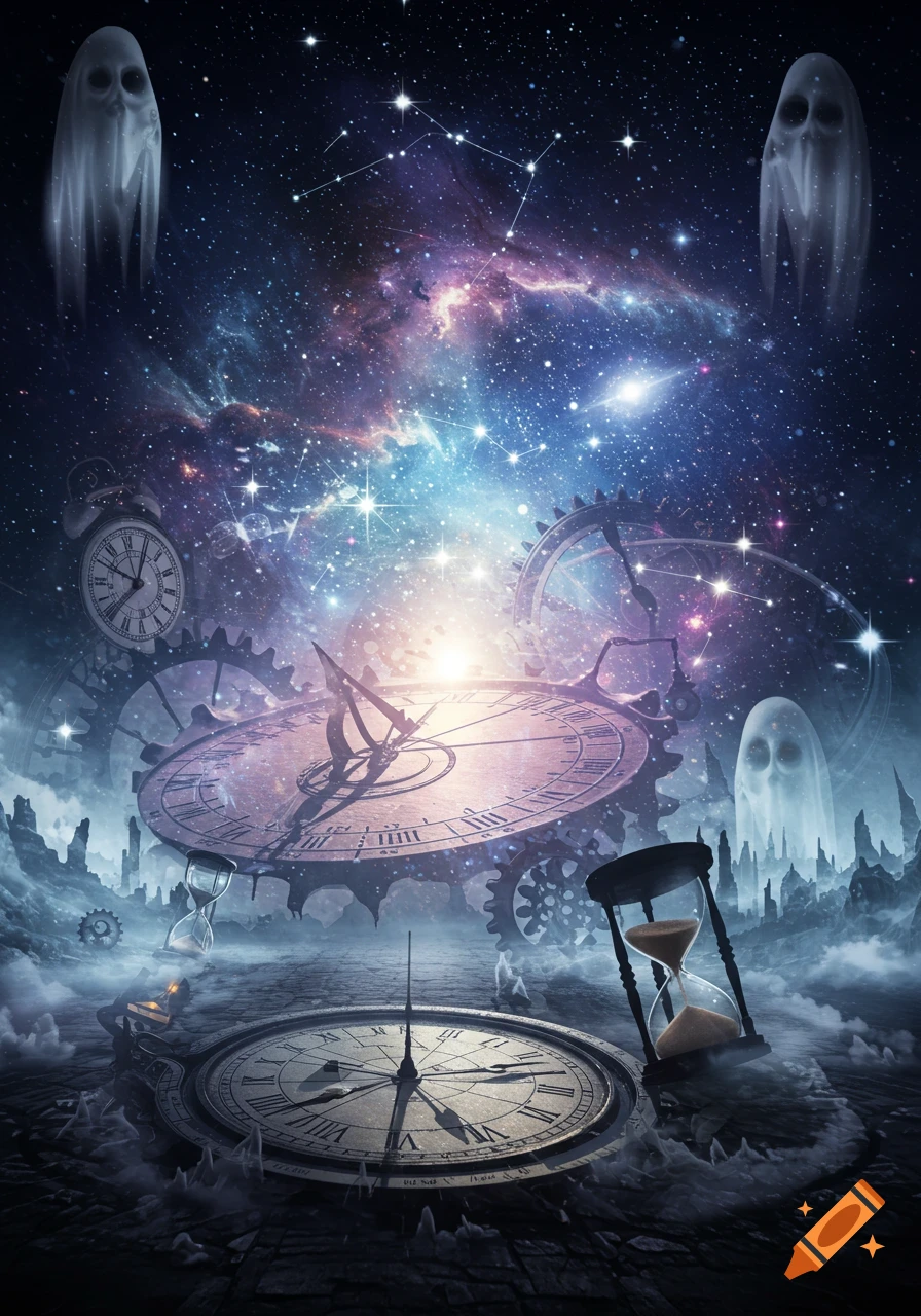 A surreal fantasy scene featuring a vibrant starry galaxy, large clock faces, sundials, hourglasses, gears, and floating ghosts in a mystical landscape.