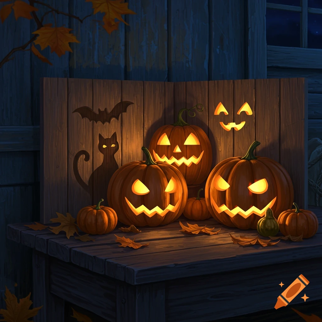 Glowing jack-o'-lanterns on a wooden table with autumn leaves, casting shadows of a bat and cat on a wooden wall at night.