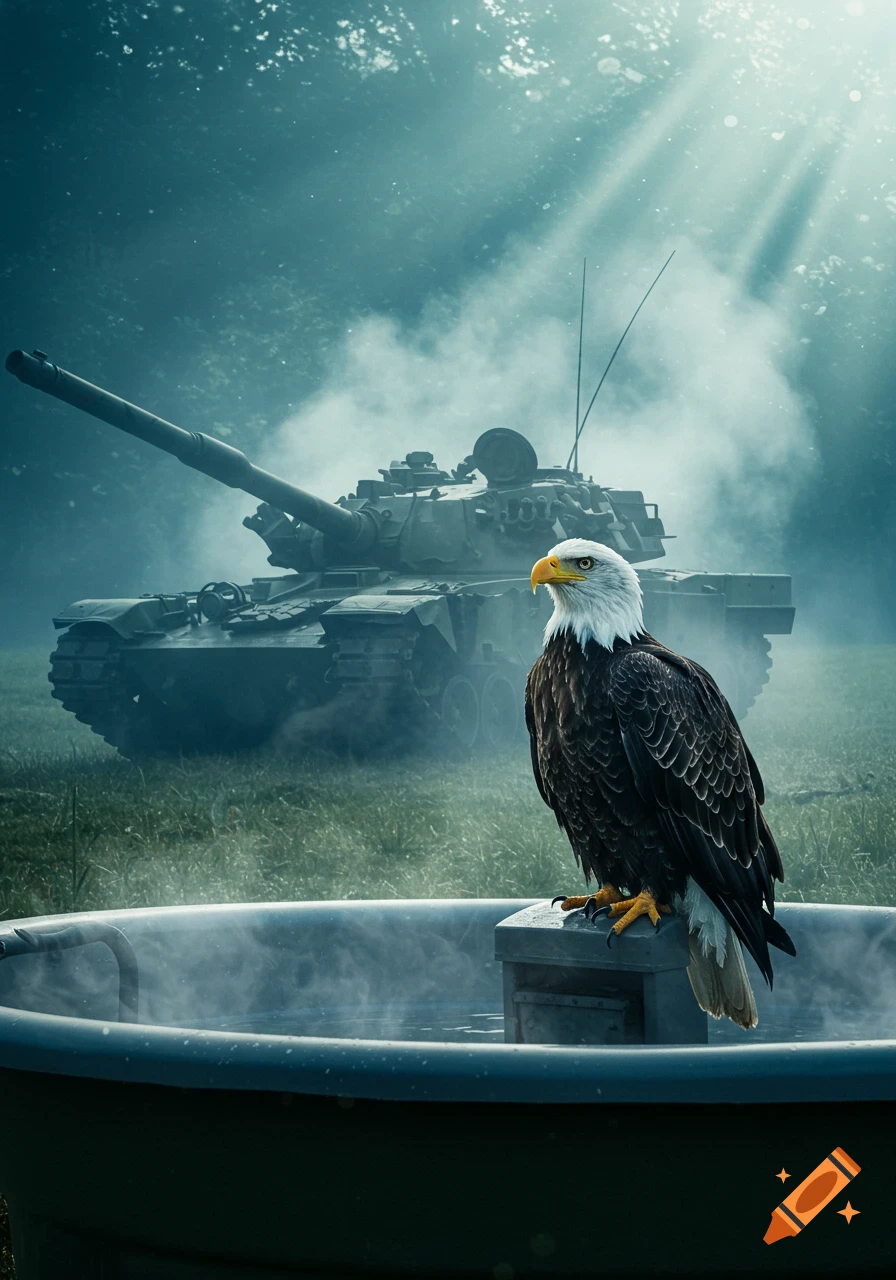 A photorealistic image of a bald eagle perched on the edge of a steaming hot tub, with a military tank in a misty forest background.