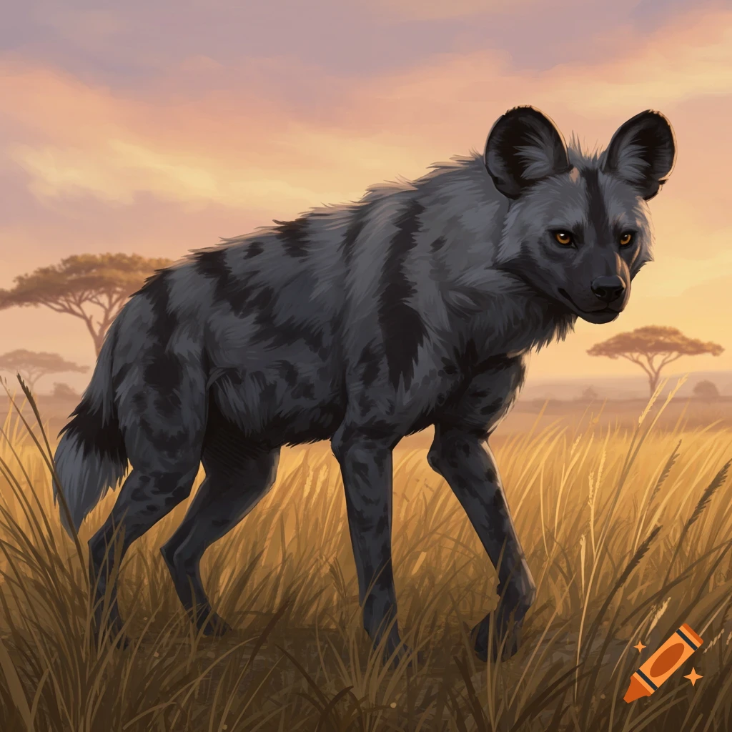 A gray and black spotted wild dog stands in tall golden grass in a savanna at sunset with acacia trees in the background.