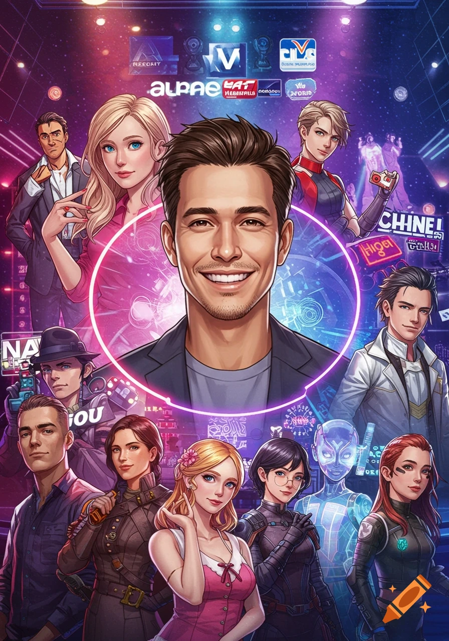 A vibrant anime-style poster featuring a central smiling man surrounded by diverse male and female characters, set against a futuristic cityscape with neon signs.