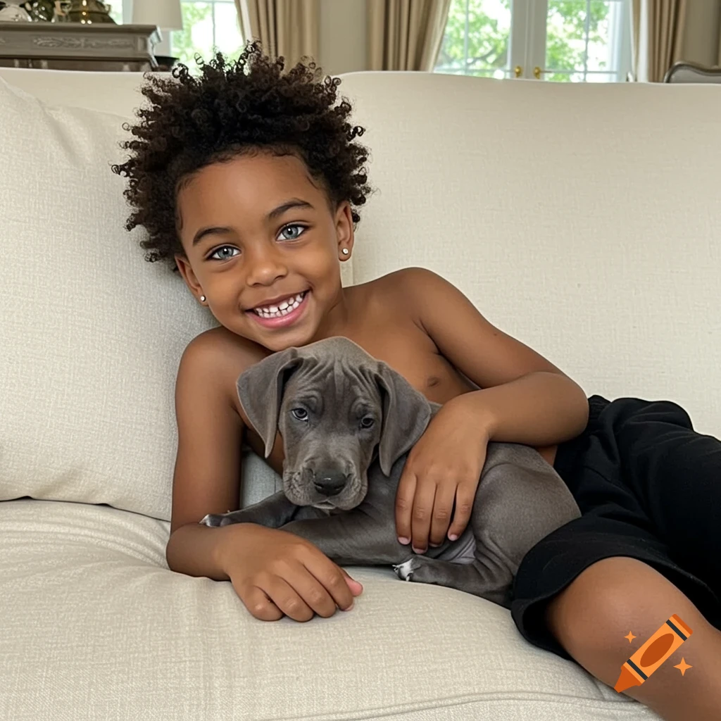 A smiling young boy with curly hair and blue eyes lies on a couch, holding a grey Great Dane puppy.