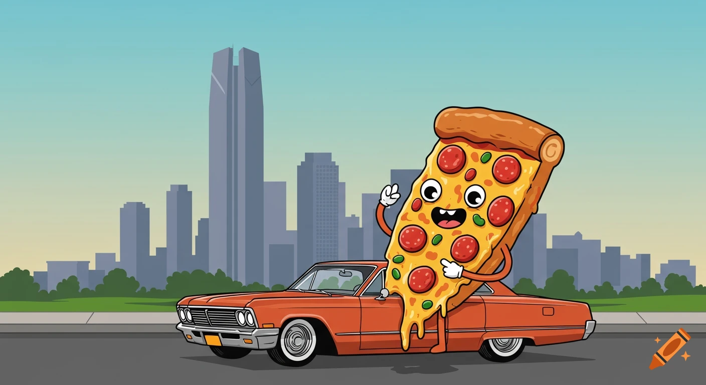A whimsical cartoon of an anthropomorphic slice of pepperoni pizza driving a low rider car through a city with a tall skyscraper.