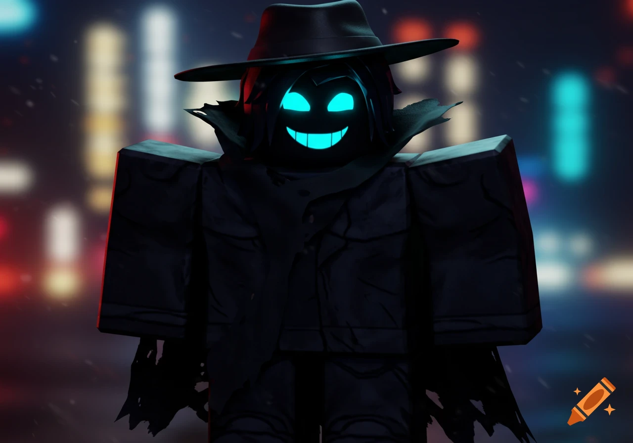 A dark, blocky Roblox character in a black coat and fedora, with a glowing blue smiling face against a blurry city night.