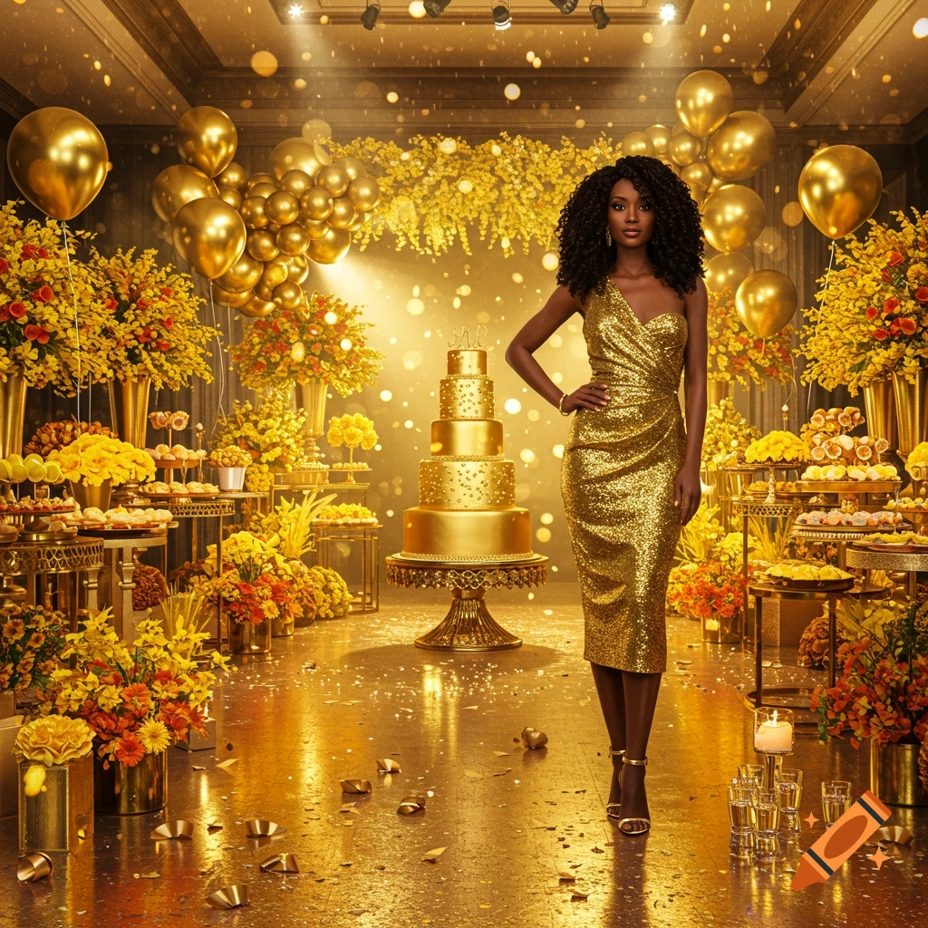 A black woman in a shimmering gold dress stands in a luxurious gold party room filled with gold balloons, flowers, cake, and glitter.