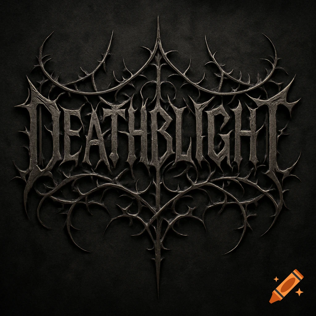 Dark, metallic logo for 'DEATHBLIGHT' featuring thorny gothic lettering on a black background.