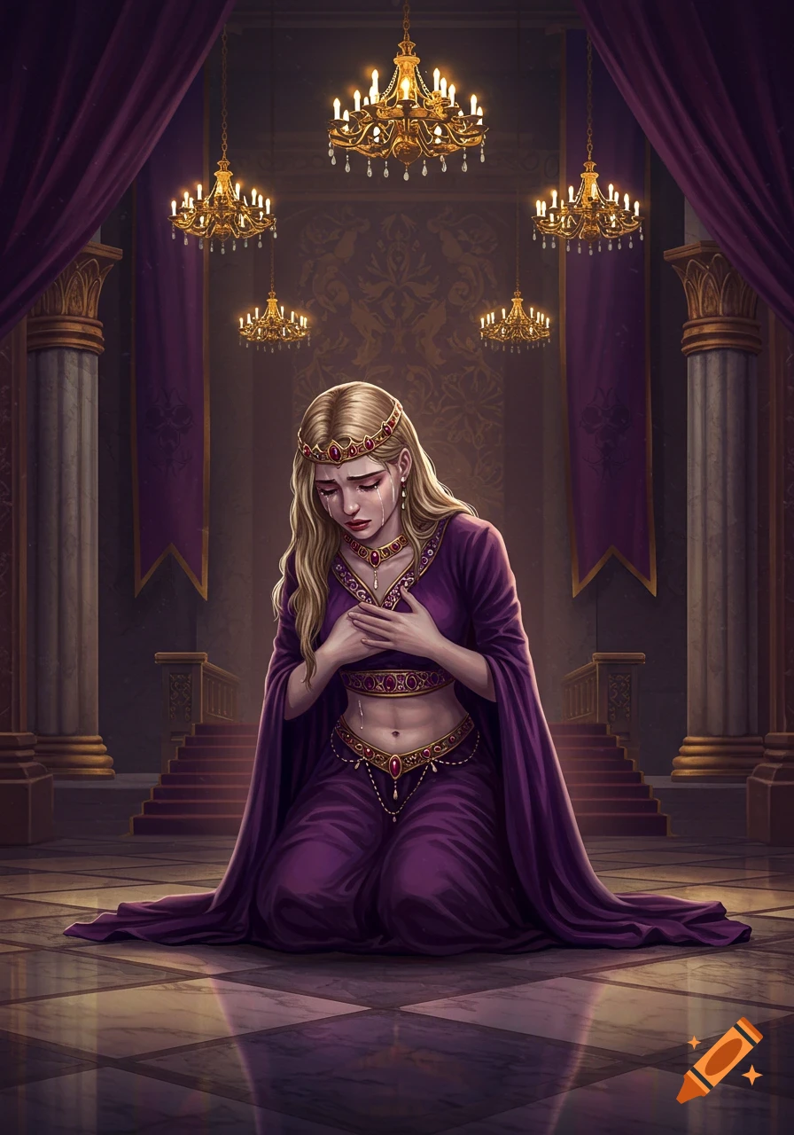 A blonde queen in a purple gown kneels on a checkered floor, crying in a grand hall with golden chandeliers. Digital painting.