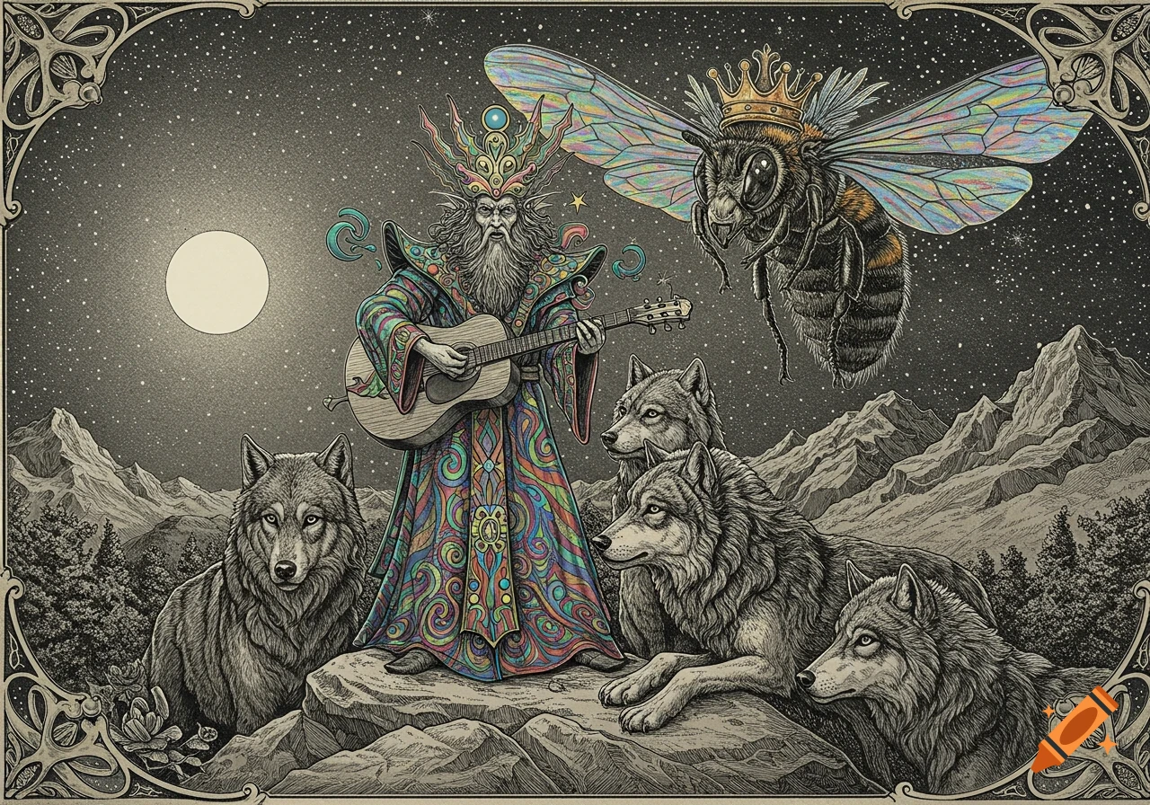 A psychedelic wizard plays a guitar for a pack of wolves and a giant queen bee under a full moon, in an old engraving style.